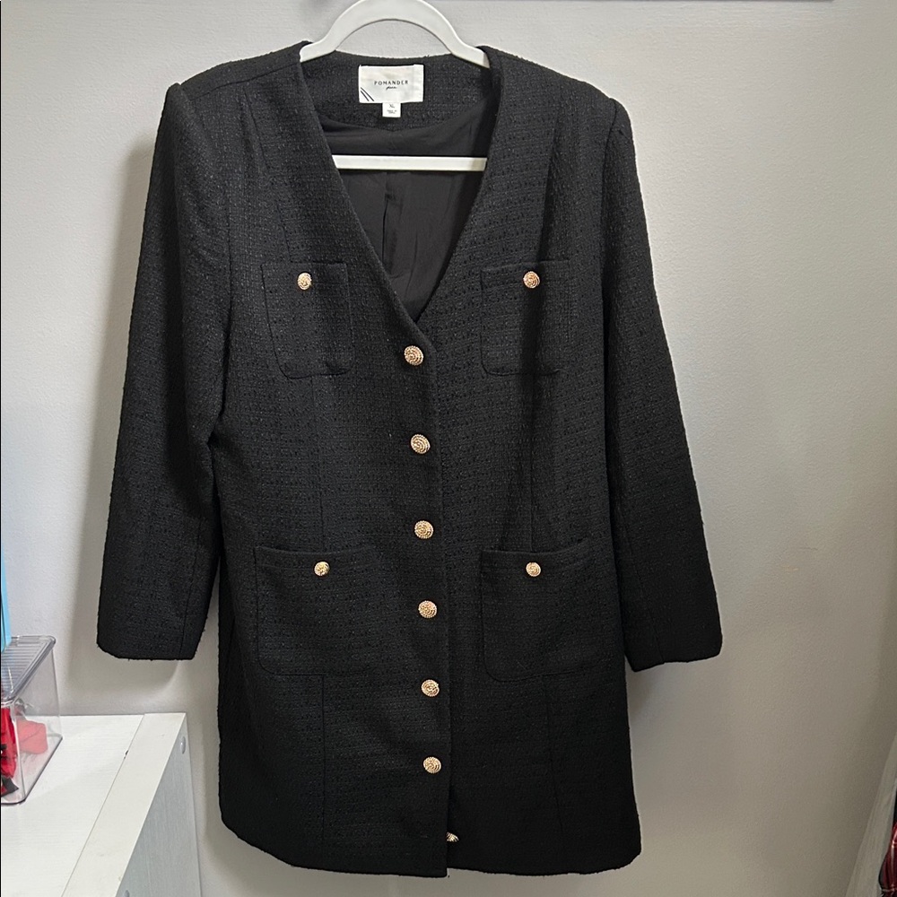 Pomander Place Black Long Sleeve Tweed Dress Coat with Gold Buttons